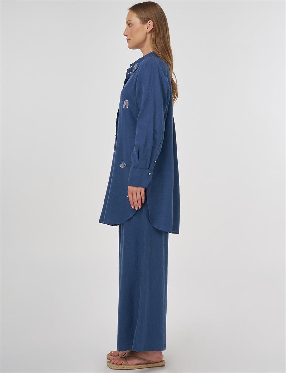 %100 Keten Hotfix Baskılı Tunik İndigo