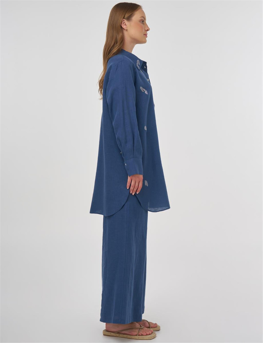 %100 Keten Hotfix Baskılı Tunik İndigo