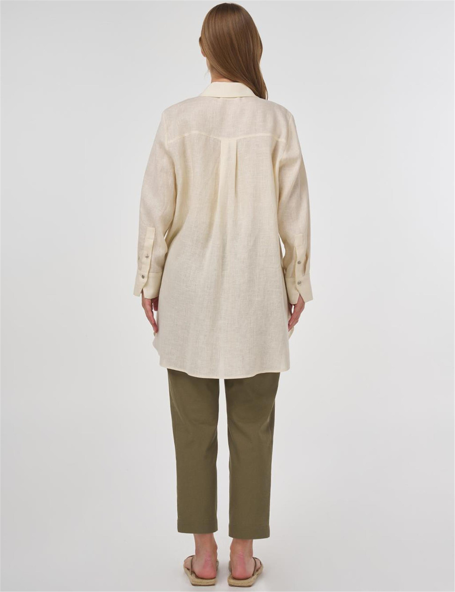 %100 Keten Hotfix Baskılı Tunik Krem