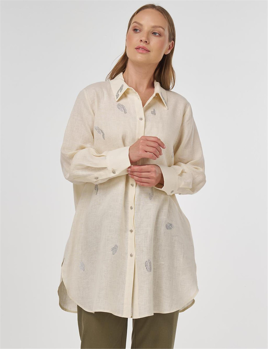 %100 Keten Hotfix Baskılı Tunik Krem