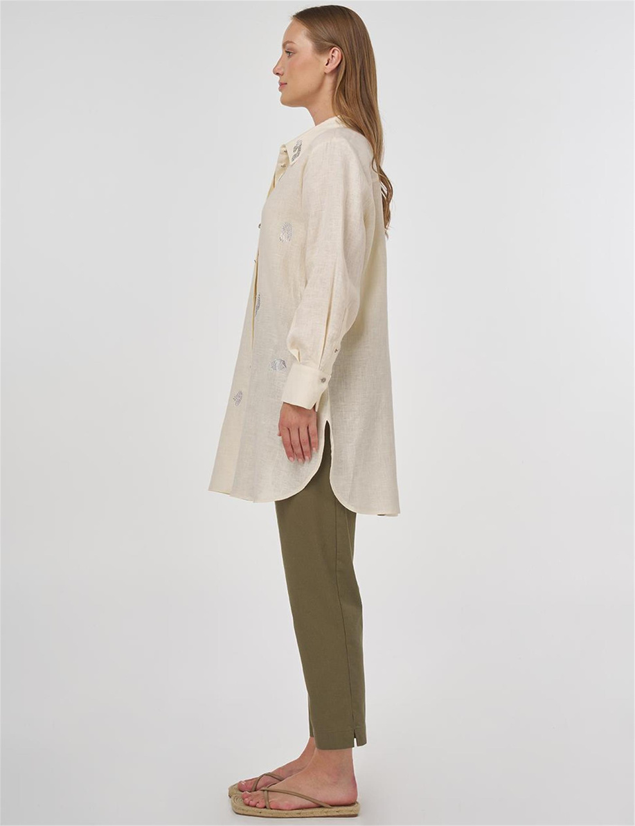 %100 Keten Hotfix Baskılı Tunik Krem