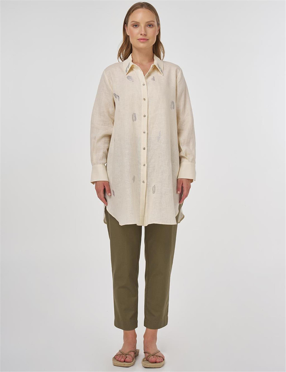 %100 Keten Hotfix Baskılı Tunik Krem