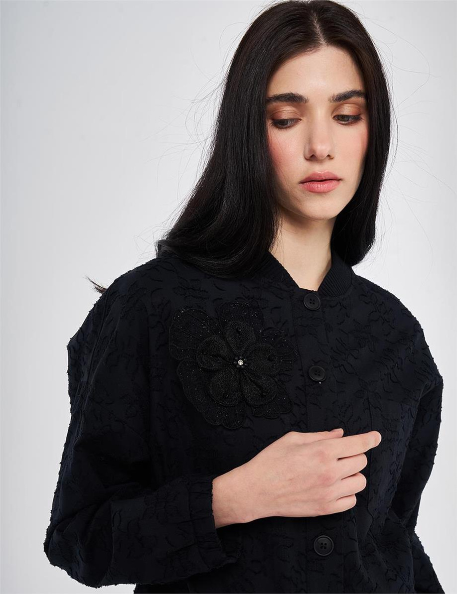 %100 Pamuklu Floral Desen İkili Takım Siyah