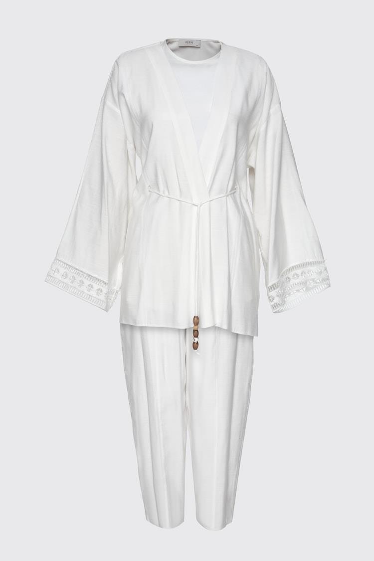 Ahşap Boncuk Bağcık Detaylı Dantel Manşetli Takım Ekru - 25YZ1548