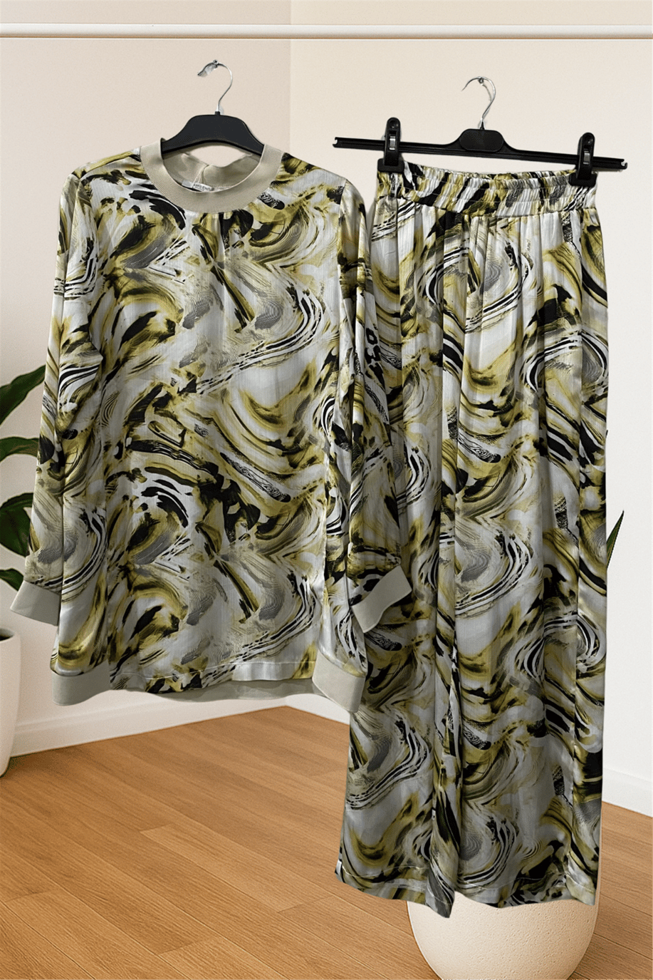 Ahsen Desenli Şifon Takım Safran  - 25YAH9514