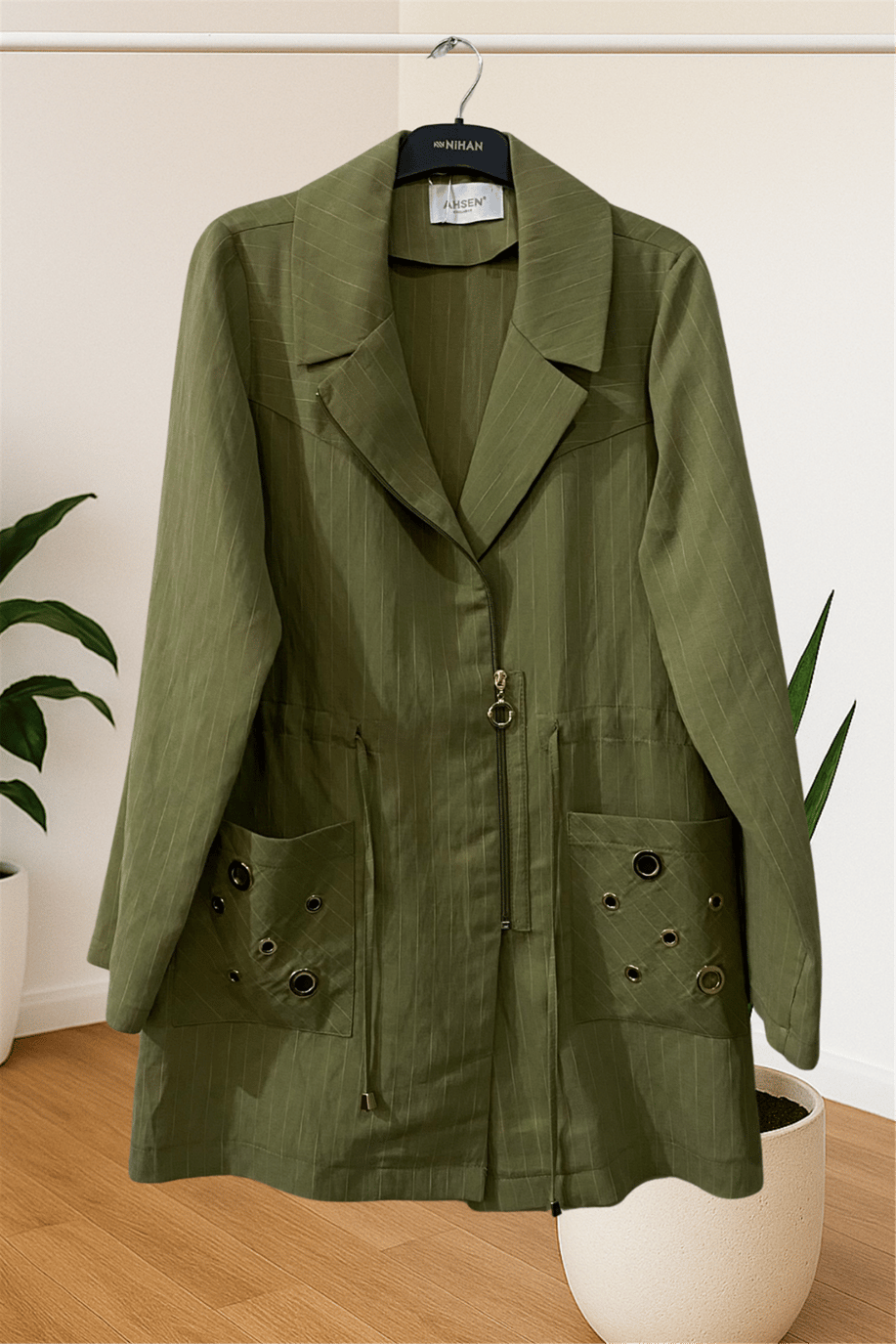 Ahsen İki Cepli Çizgili Ceket Haki  - 25YAH3527