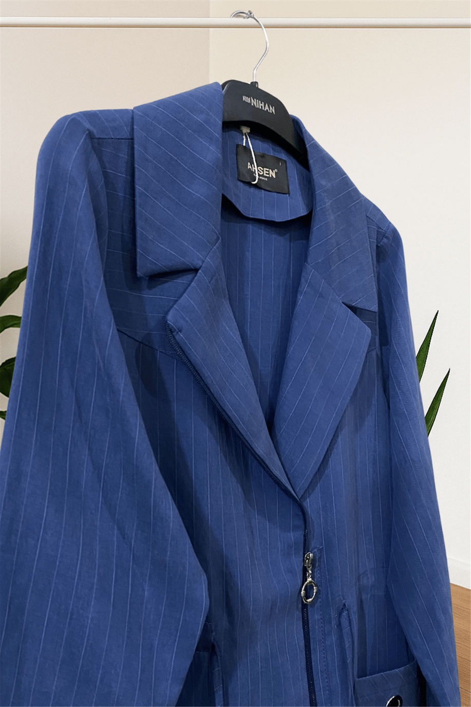 Ahsen İki Cepli Çizgili Ceket İndigo  - 25YAH3527