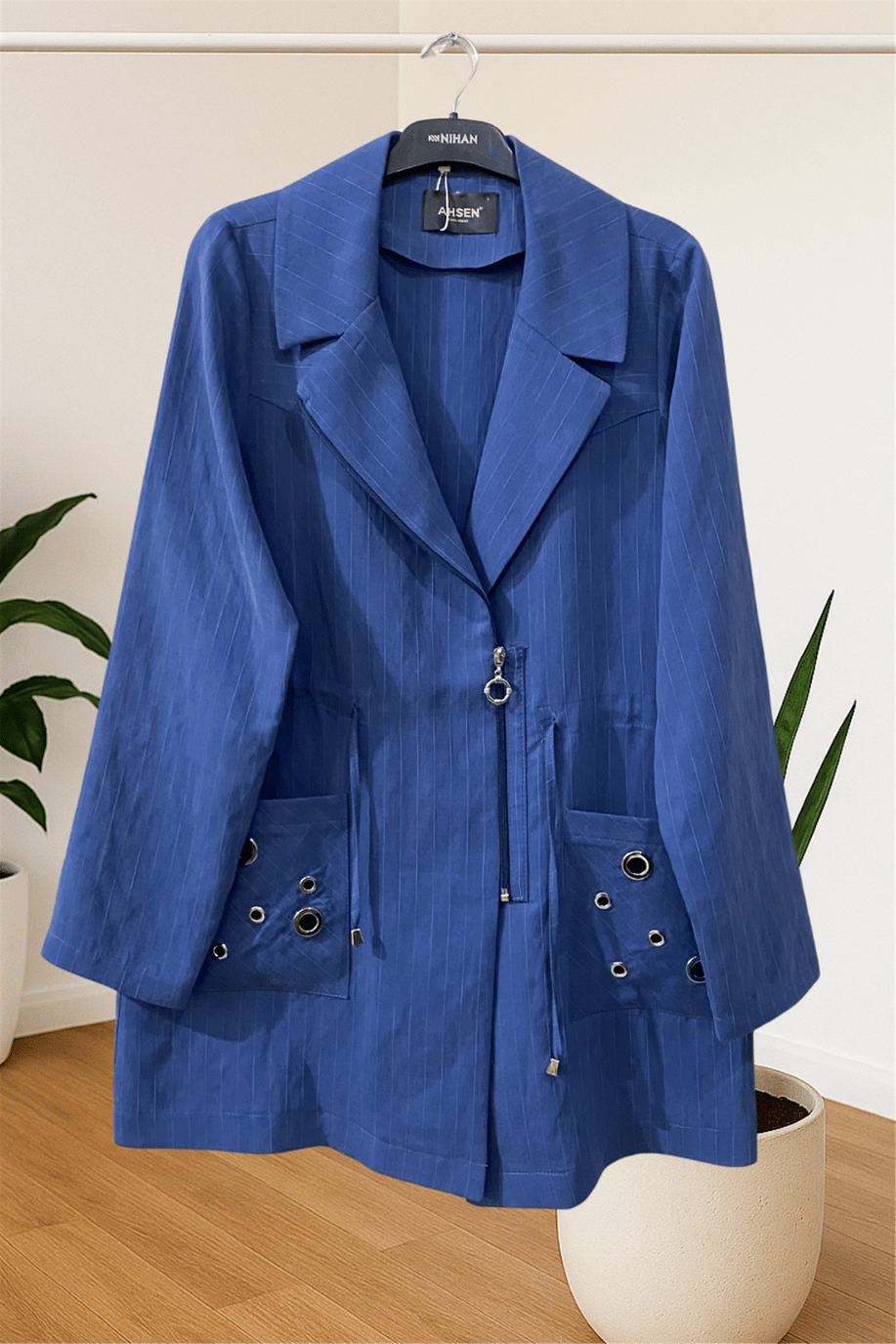 Ahsen İki Cepli Çizgili Ceket İndigo  - 25YAH3527