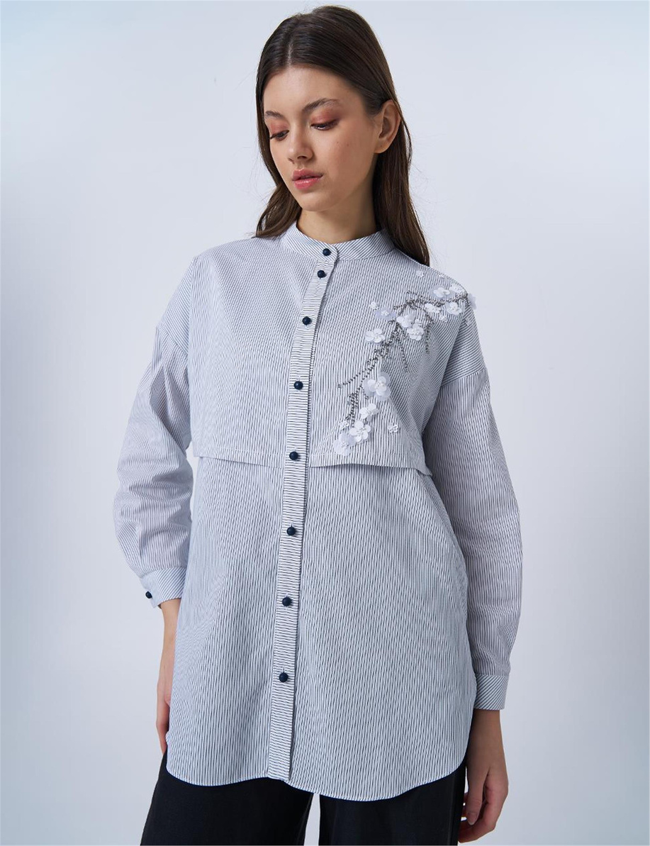 Aplikeli Çizgi Desen Pamuklu Mavi Tunik