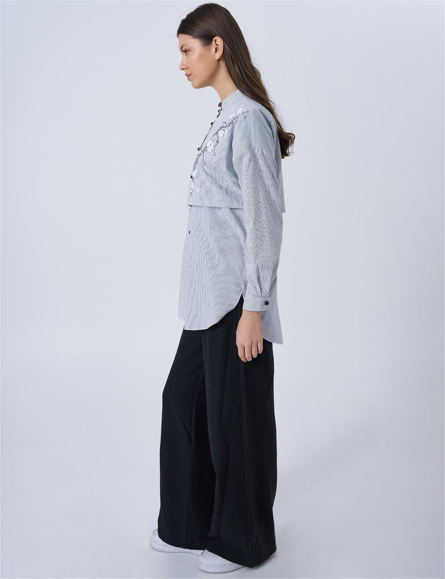 Aplikeli Çizgi Desen Pamuklu Mavi Tunik