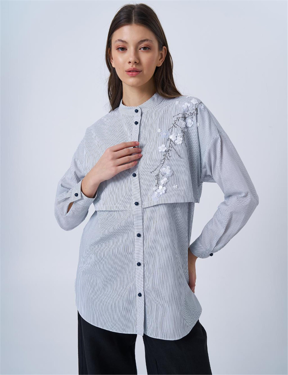 Aplikeli Çizgi Desen Pamuklu Mavi Tunik