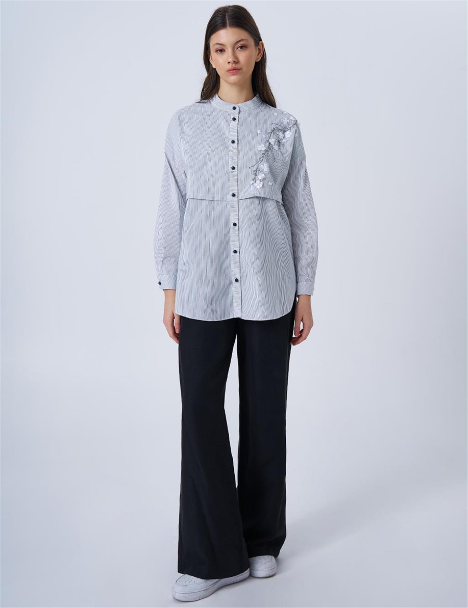 Aplikeli Çizgi Desen Pamuklu Mavi Tunik