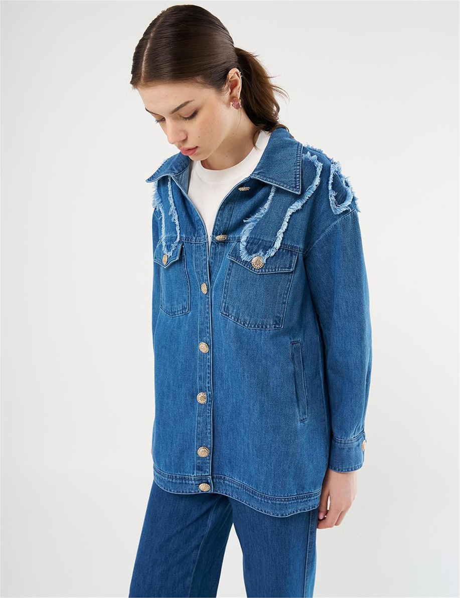 Aplikeli Denim Ceket İndigo