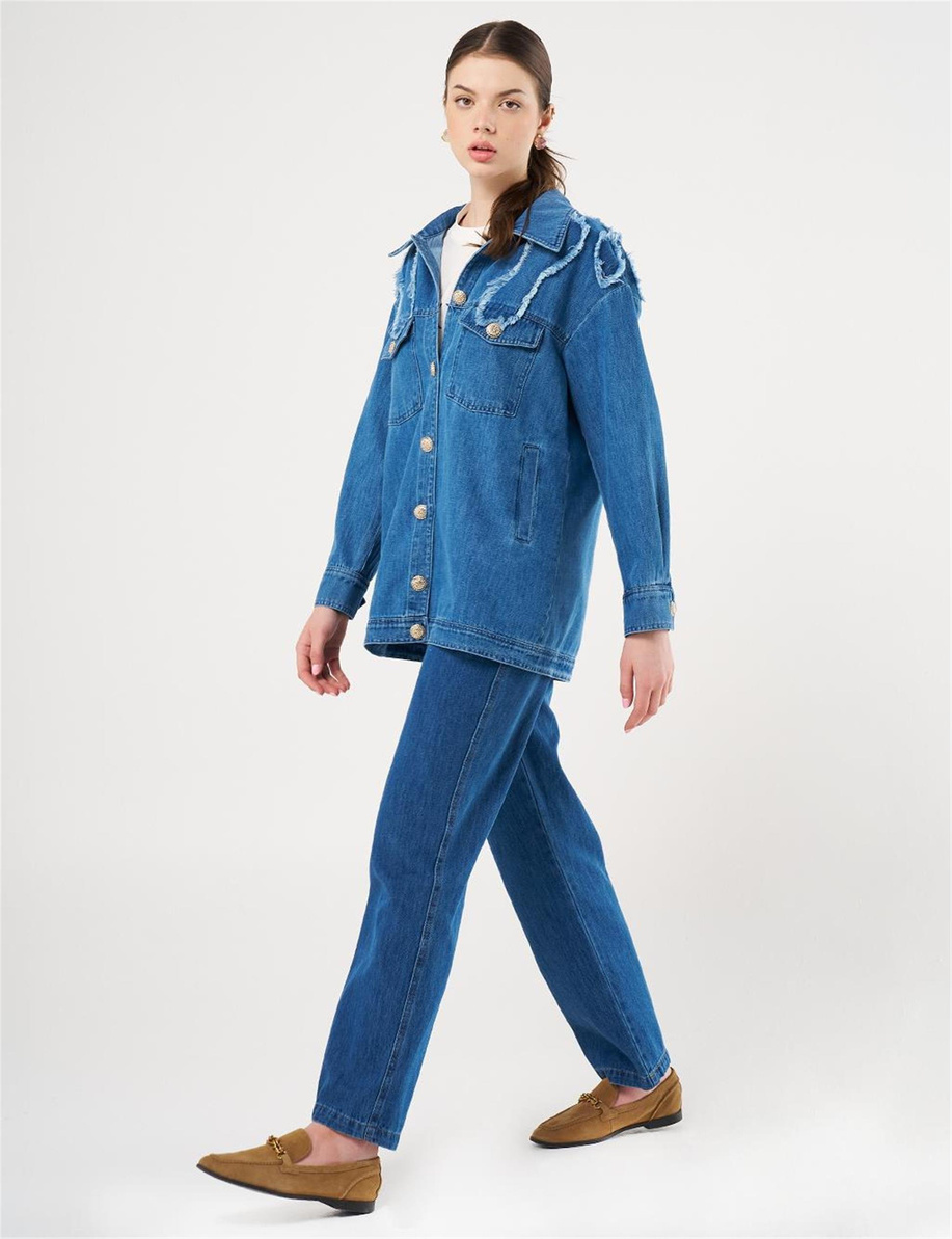 Aplikeli Denim Ceket İndigo