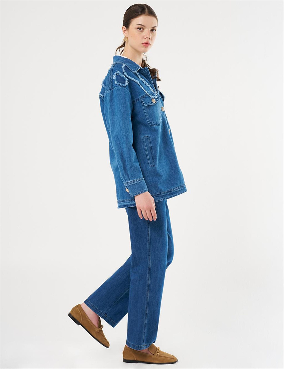 Aplikeli Denim Ceket İndigo