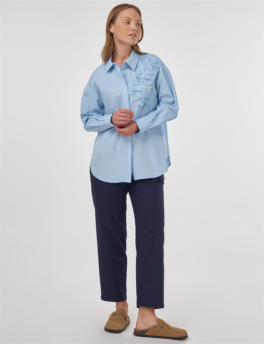 Aplikeli Pamuklu Tunik Buz Mavisi