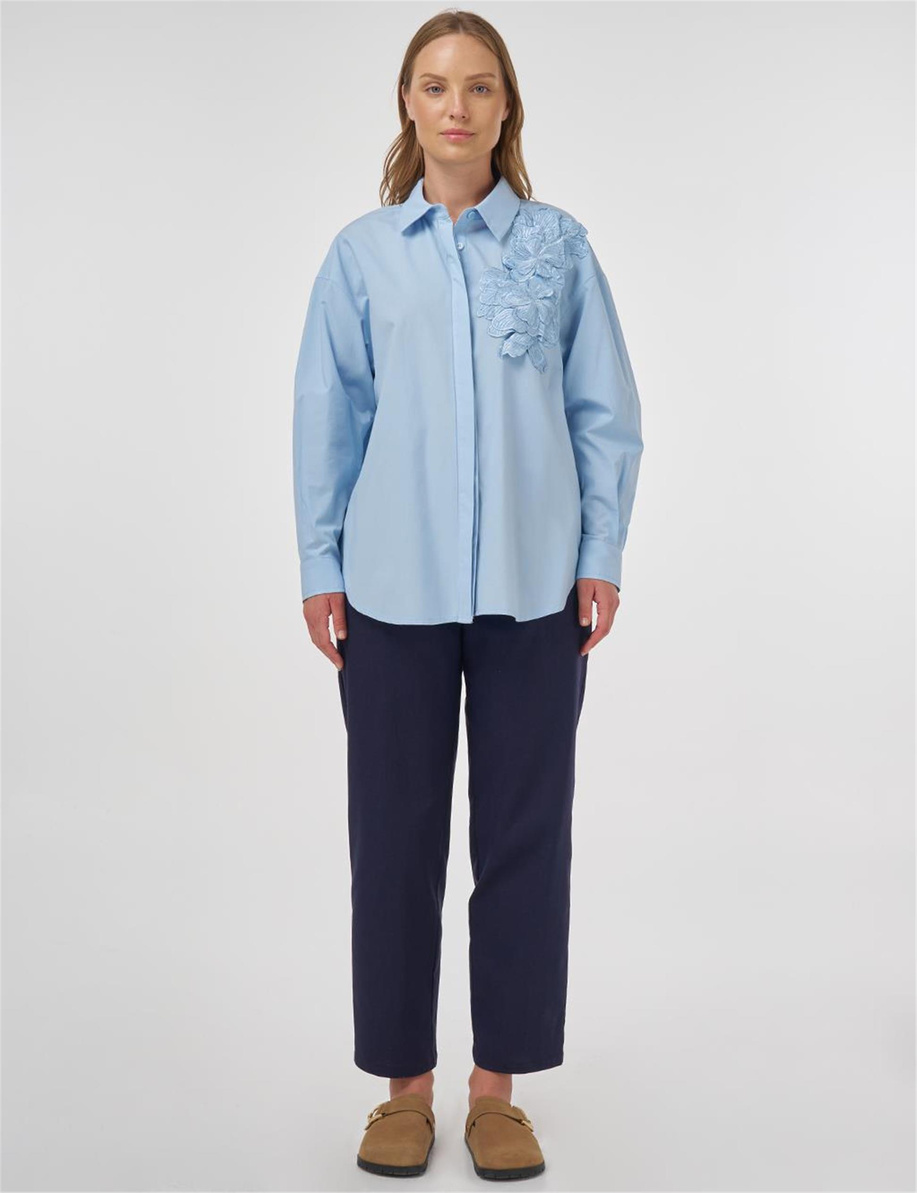 Aplikeli Pamuklu Tunik Buz Mavisi