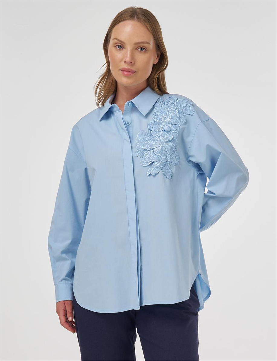 Aplikeli Pamuklu Tunik Buz Mavisi