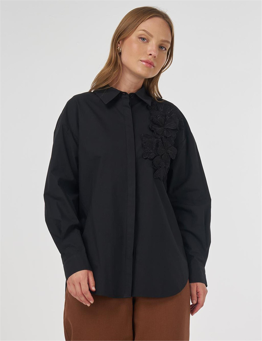 Aplikeli Pamuklu Tunik Siyah