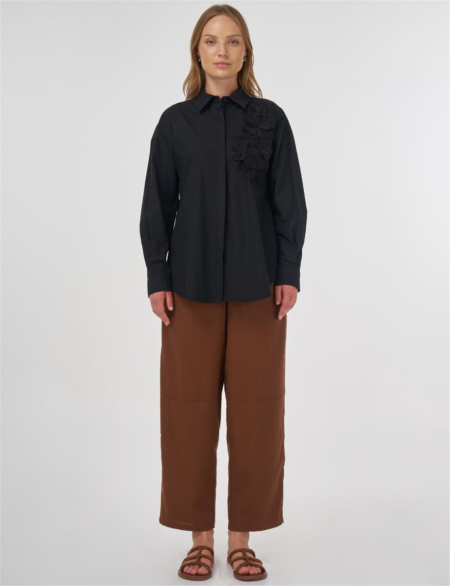 Aplikeli Pamuklu Tunik Siyah