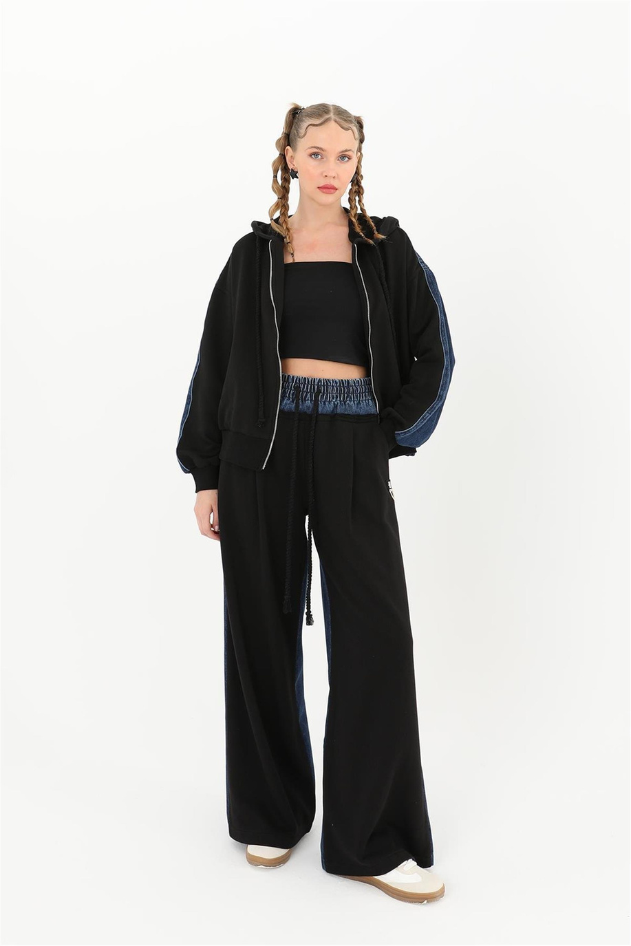 Arkası Kot Önü Triko Kapüşonlu Siyah Mavi Sweatshirt