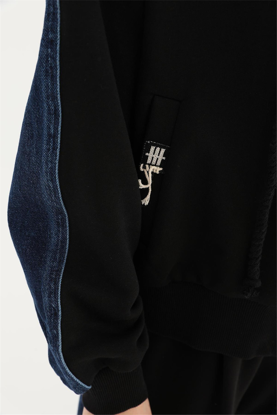 Arkası Kot Önü Triko Kapüşonlu Siyah Mavi Sweatshirt