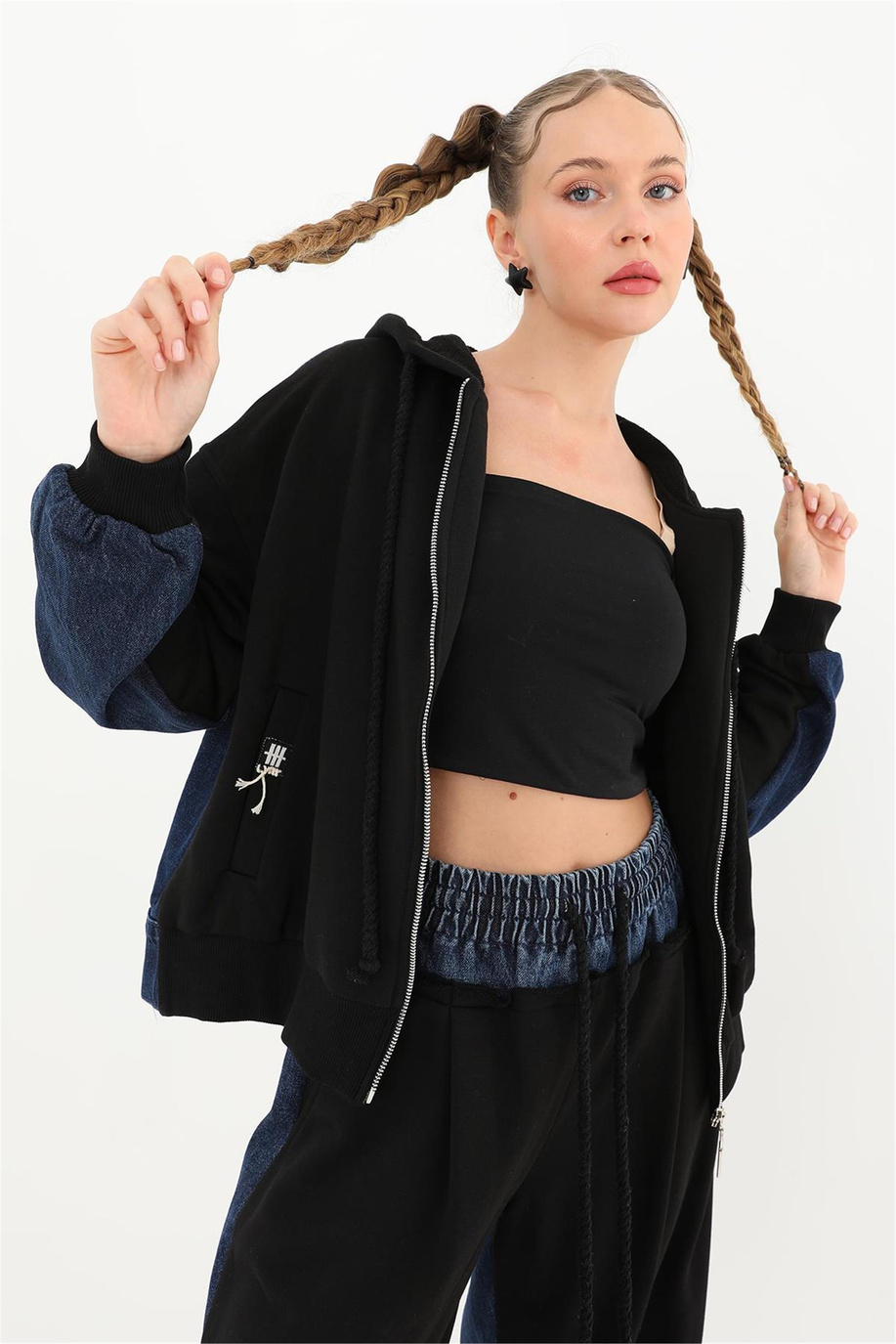 Arkası Kot Önü Triko Kapüşonlu Siyah Mavi Sweatshirt