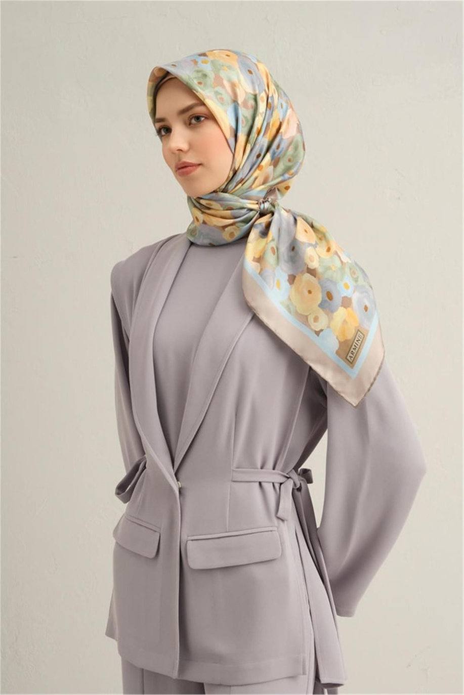 Armine Desenli Twill Saf İpek Eşarp 9300 03