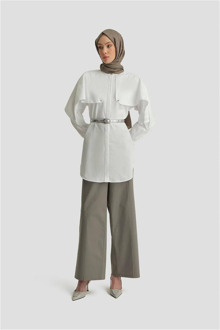 Armine Pelerin Detaylı Pamuk Tunik Beyaz