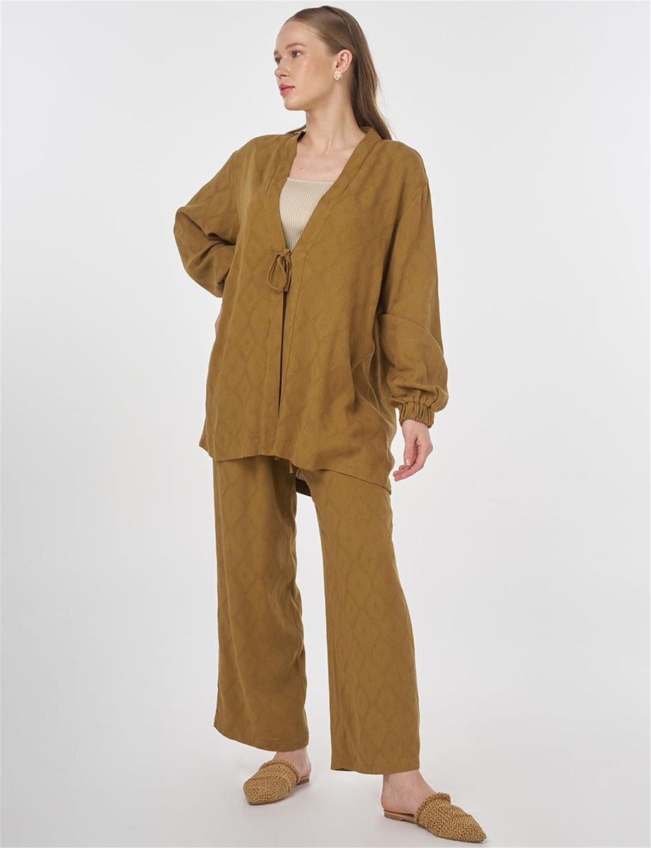 Bağcıklı Viskon Keten İkili Takım Koyu Oliv