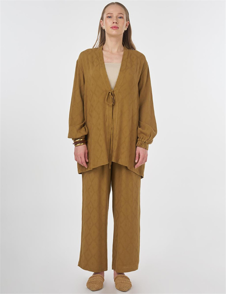 Bağcıklı Viskon Keten İkili Takım Koyu Oliv