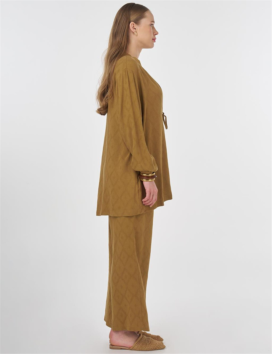 Bağcıklı Viskon Keten İkili Takım Koyu Oliv