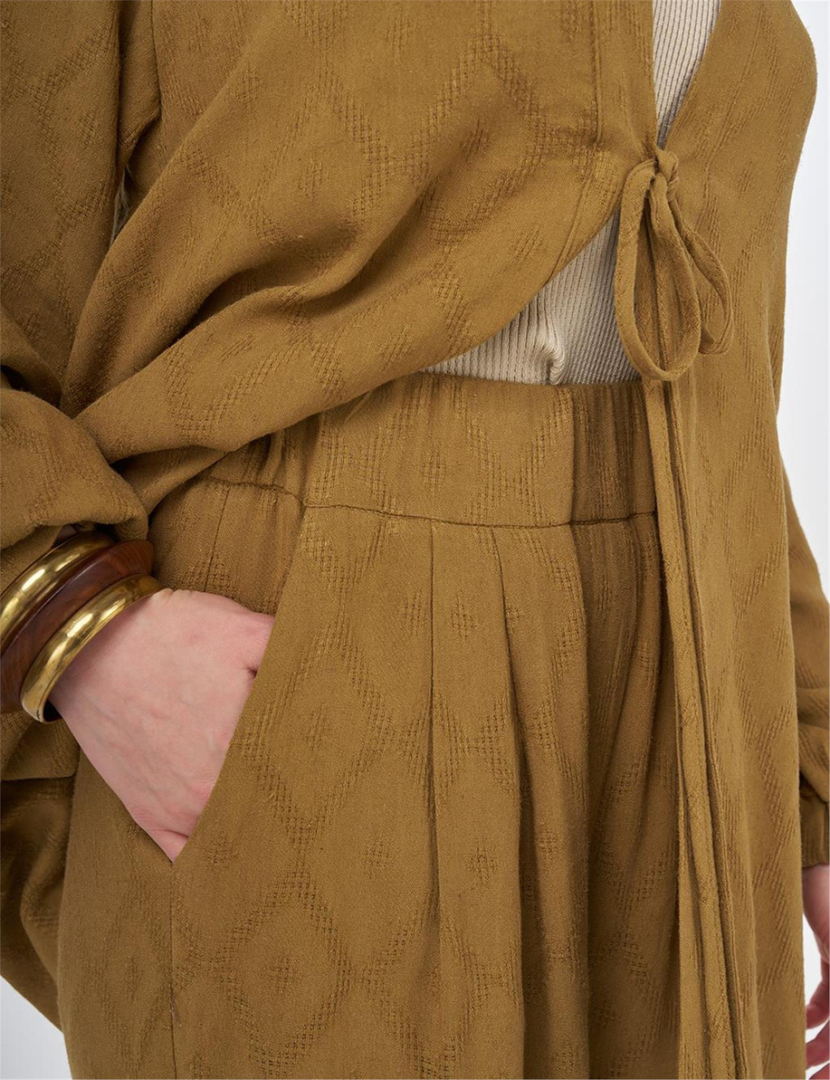 Bağcıklı Viskon Keten İkili Takım Koyu Oliv