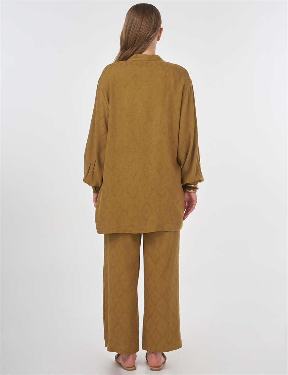 Bağcıklı Viskon Keten İkili Takım Koyu Oliv