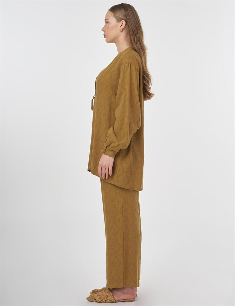 Bağcıklı Viskon Keten İkili Takım Koyu Oliv