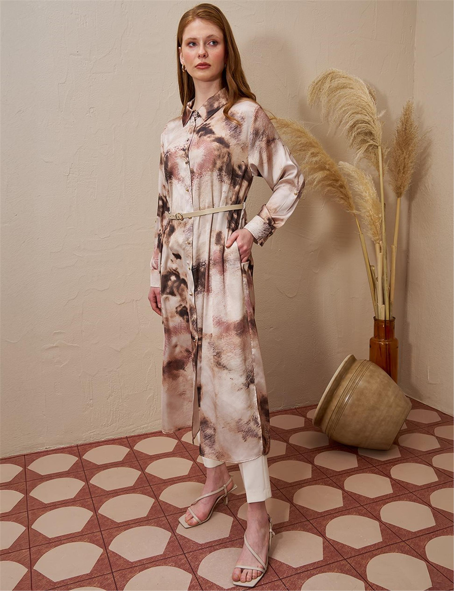 Baskılı Saten Uzun Tunik Bej