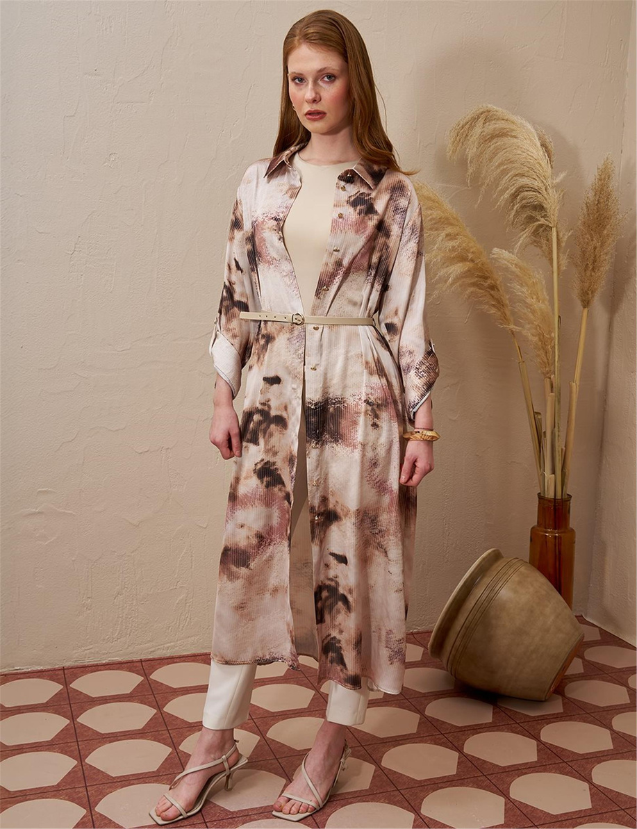 Baskılı Saten Uzun Tunik Bej