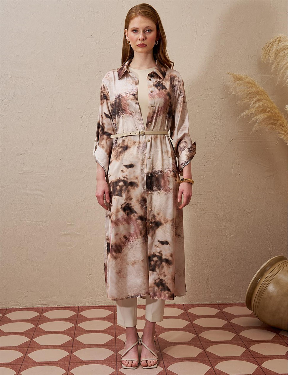 Baskılı Saten Uzun Tunik Bej