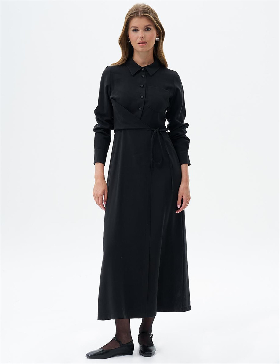 Bel Detaylı Rayon Siyah Elbise