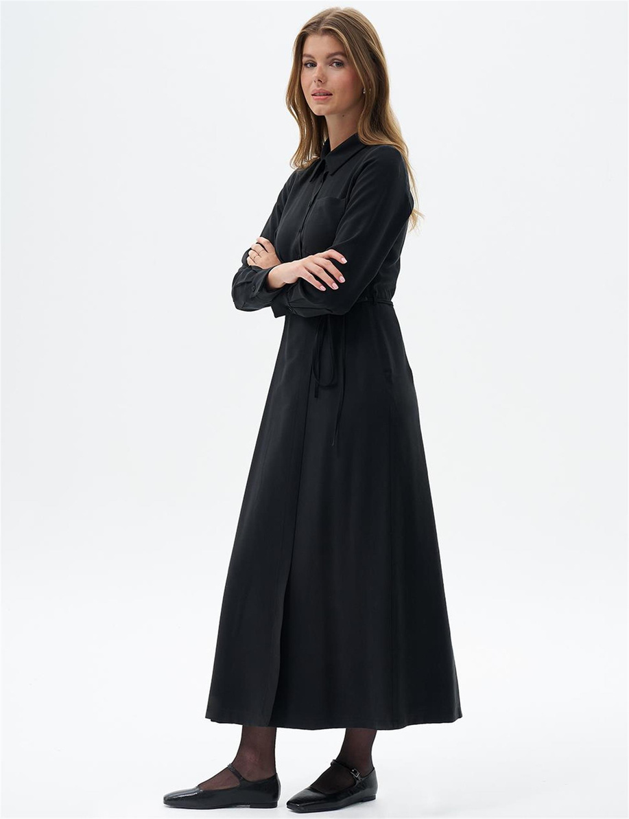 Bel Detaylı Rayon Siyah Elbise