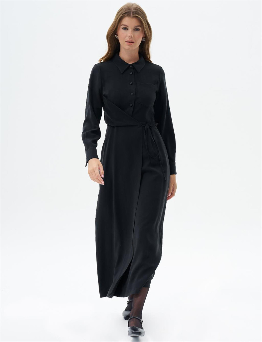 Bel Detaylı Rayon Siyah Elbise