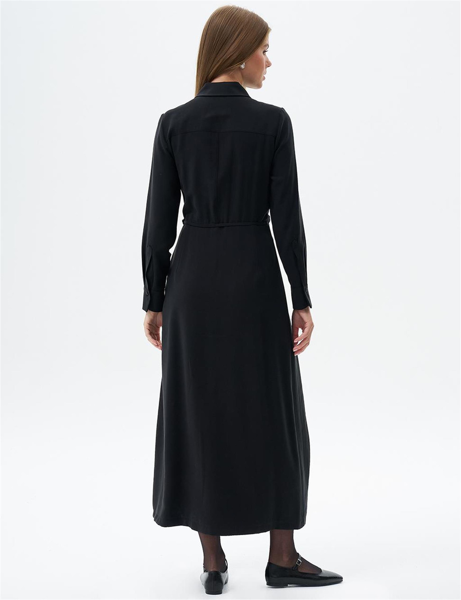 Bel Detaylı Rayon Siyah Elbise