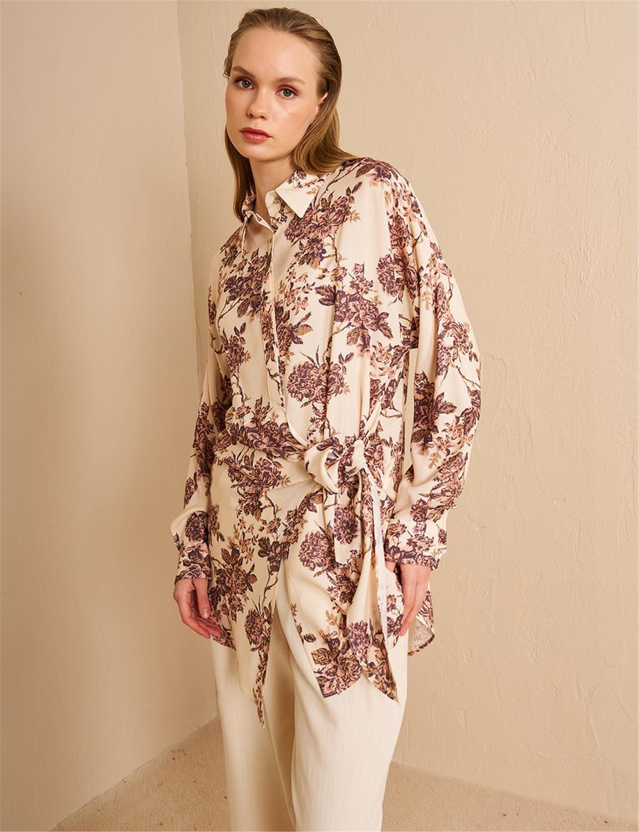 Belden Bağlamalı Viskon Tunik Krem