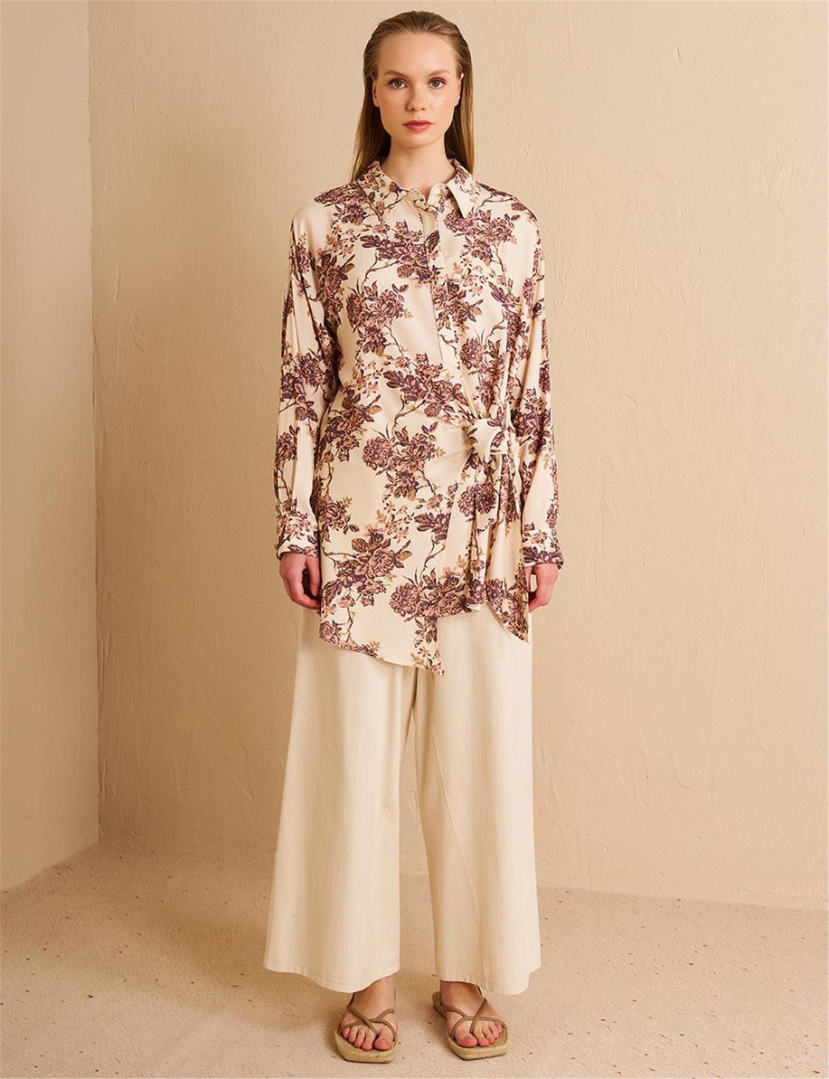 Belden Bağlamalı Viskon Tunik Krem