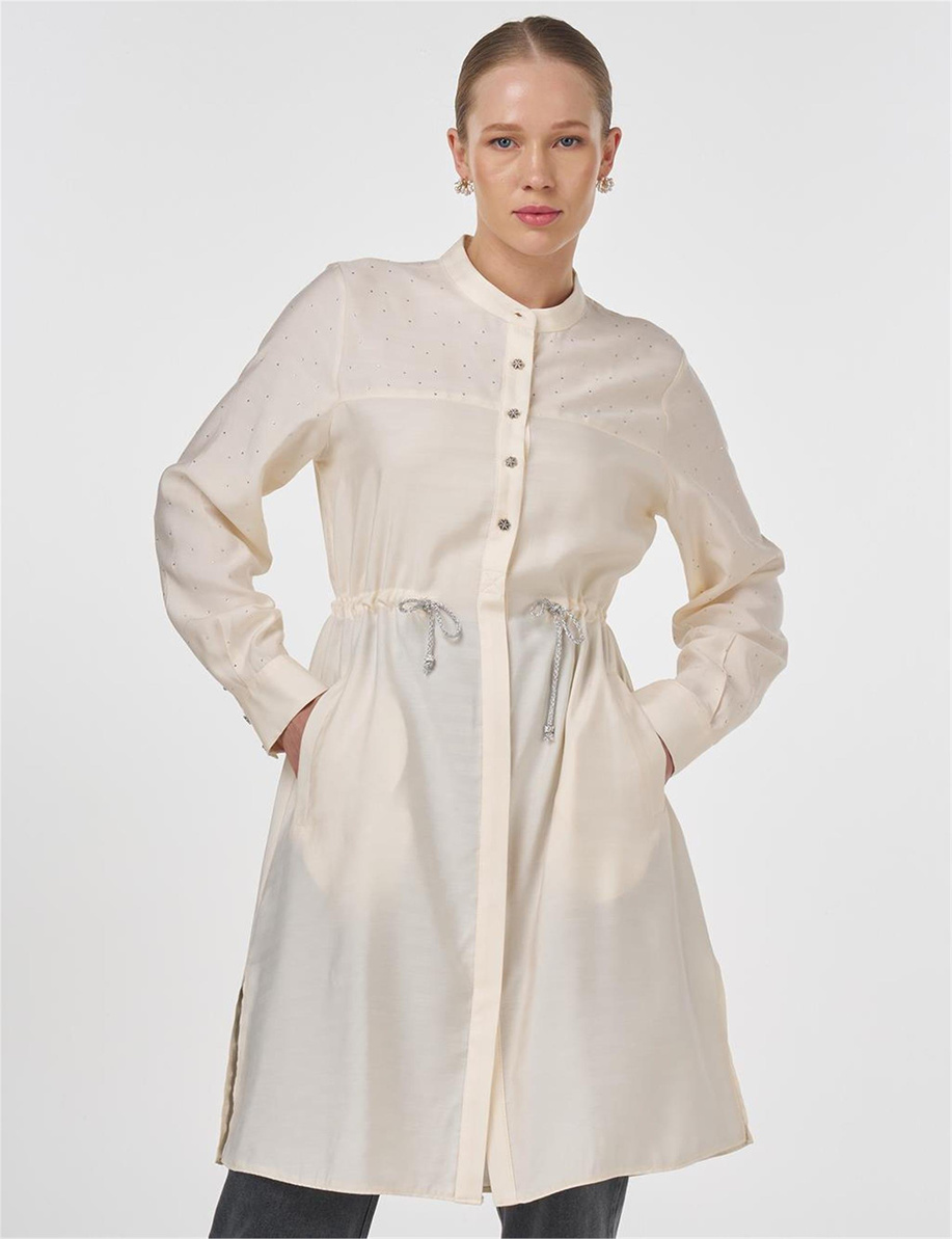 Beli Bağcıklı Hotfix Baskılı Uzun Tunik Ekru