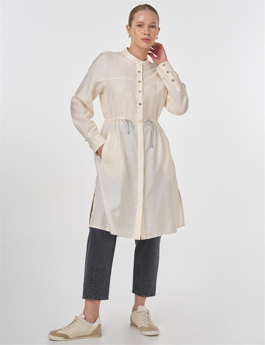 Beli Bağcıklı Hotfix Baskılı Uzun Tunik Ekru