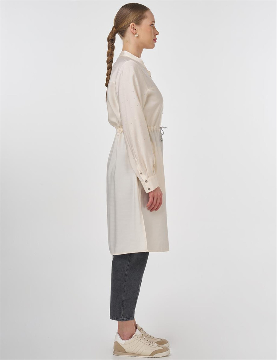 Beli Bağcıklı Hotfix Baskılı Uzun Tunik Ekru