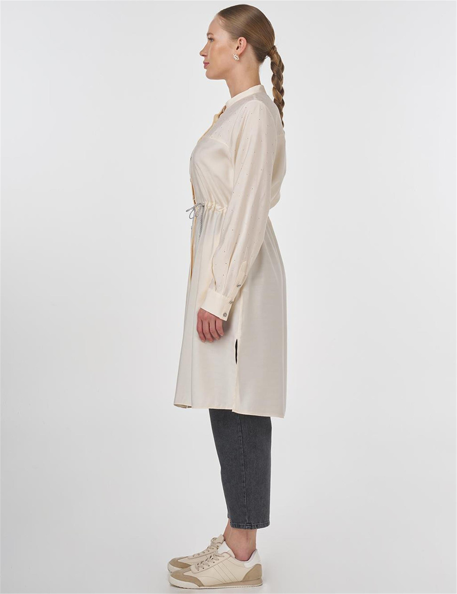 Beli Bağcıklı Hotfix Baskılı Uzun Tunik Ekru