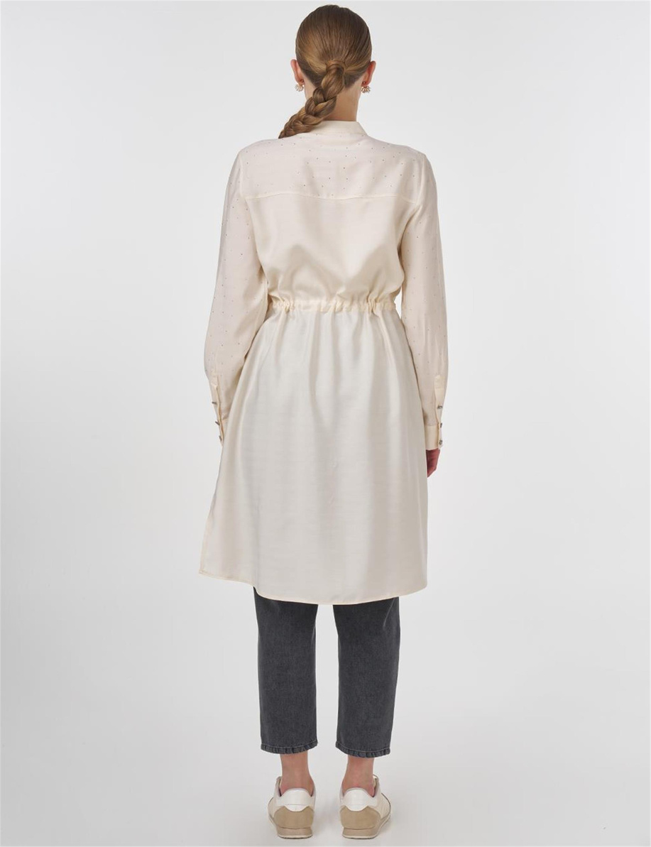 Beli Bağcıklı Hotfix Baskılı Uzun Tunik Ekru