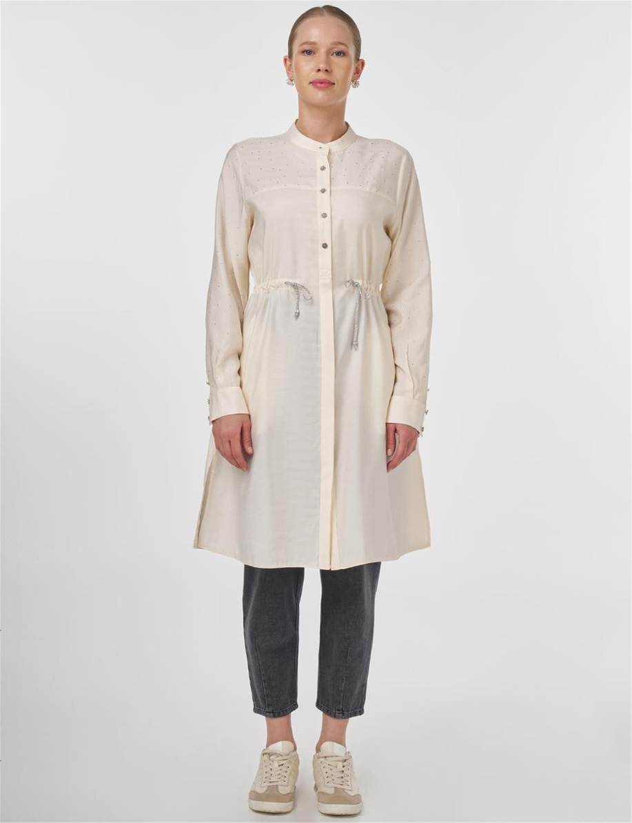 Beli Bağcıklı Hotfix Baskılı Uzun Tunik Ekru